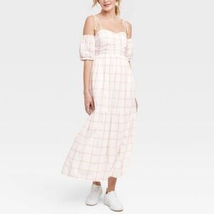 Universal Thread White & Peach Plaid Sweetheart Maxi Peasant Boho Dress Medium